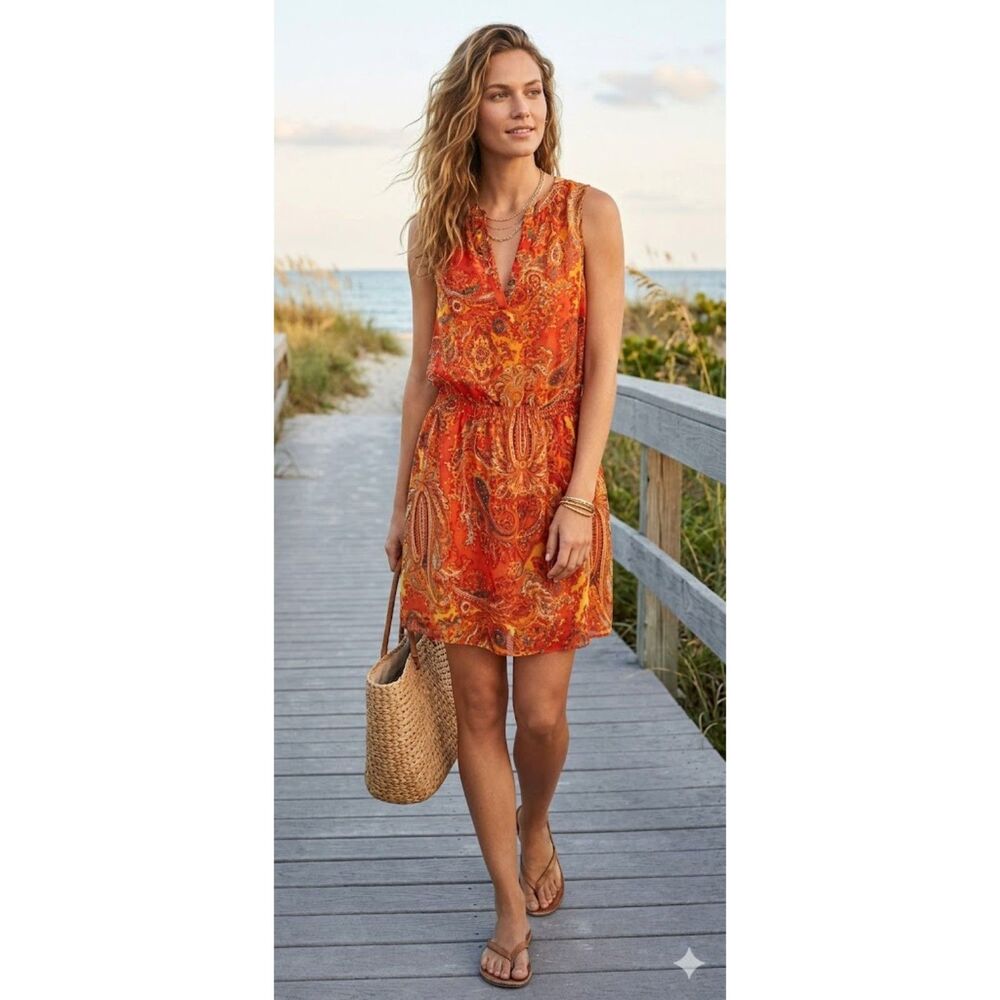 Lauren Ralph Lauren Dress Women 8P Orange Paisley Boho Coastal Vacation Chic